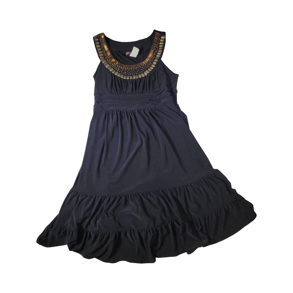Volume One Black Beaded Neckline Empire Waist Tiered Ruffle Dress Womens Medium